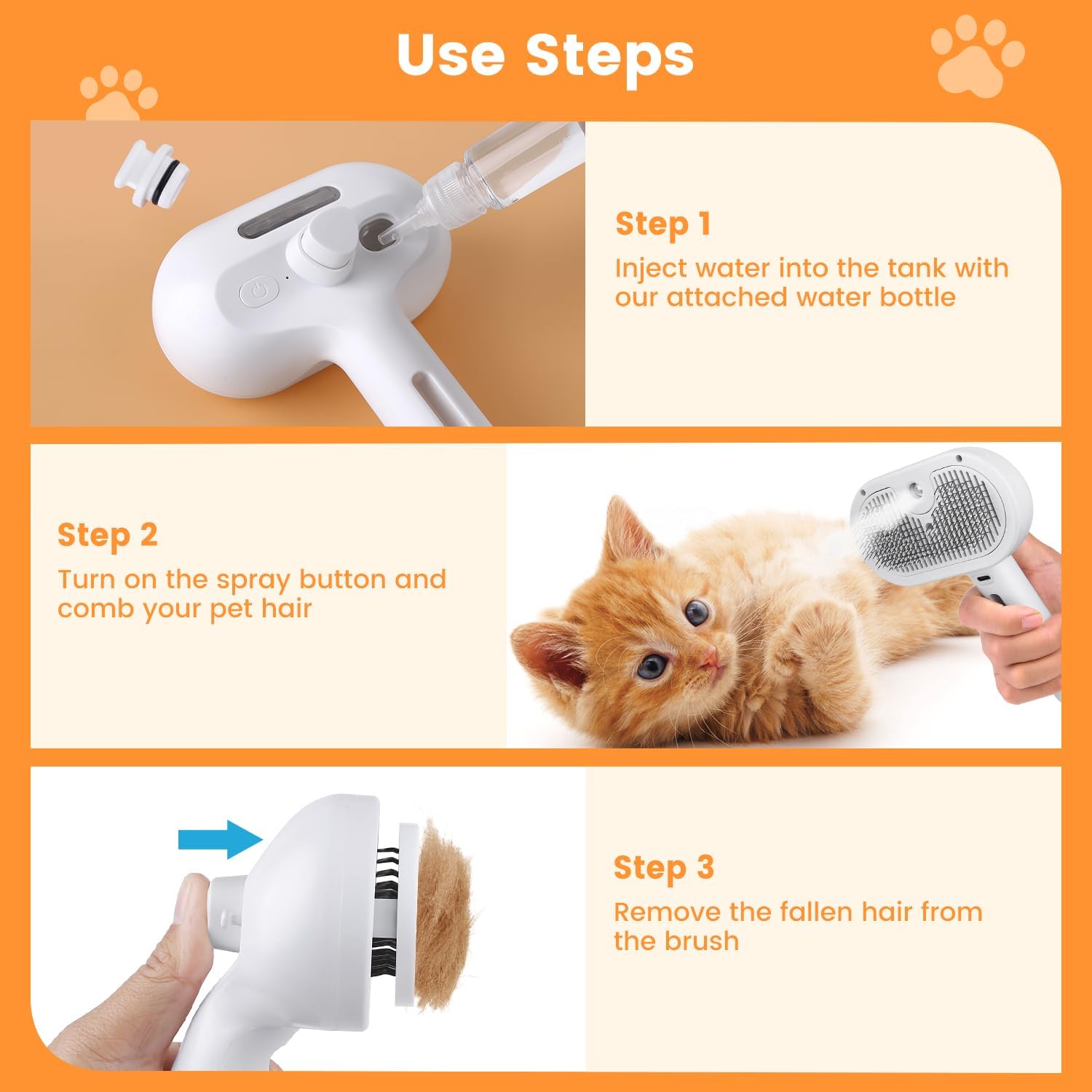 3 In 1 Cat Steam Brush, Pet Steam Brush For Cat Dog Long Short Haired, Pet Spray Hair Removal Comb For Small Animals Shedding & Grooming, Water Mist Spray Brushes With Release Button