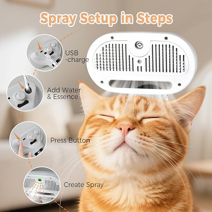 3 In 1 Cat Steam Brush, Pet Steam Brush For Cat Dog Long Short Haired, Pet Spray Hair Removal Comb For Small Animals Shedding & Grooming, Water Mist Spray Brushes With Release Button