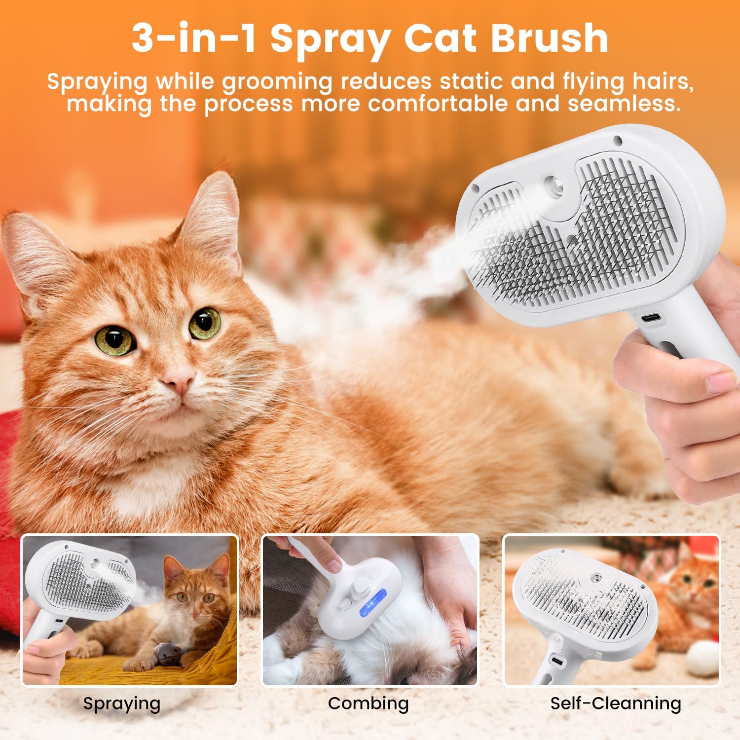 3 In 1 Cat Steam Brush, Pet Steam Brush For Cat Dog Long Short Haired, Pet Spray Hair Removal Comb For Small Animals Shedding & Grooming, Water Mist Spray Brushes With Release Button